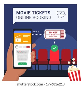 Movie tickets online booking on smartphone app: hand holding a mobile phone and buying a ticket, cinema seats in the background