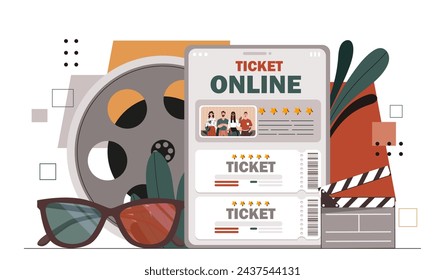 Movie tickets online. Film tape reel and 3d glasses. Clapperboard with smartphone with tickts. Film and series production. Entertainment, fun and leisure. Cartoon flat vector illustration