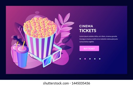 Movie tickets online sale, banner, poster template. Vector 3d isometric design elements for web landing page, app. Cinema night show, neon gradient illustration.