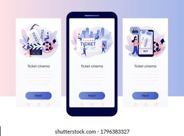 Movie tickets online sale. Tiny people buy tickets on the internet and smartphone app. Screen template for mobile smart phone. Modern flat cartoon style. Vector illustration on white background