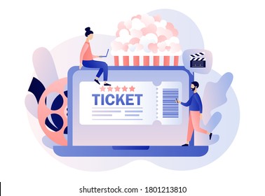 Movie tickets online sale. Tiny people buy or book tickets on the internet. Online cinema. Mobile movie theater. Cinematography. Modern flat cartoon style. Vector illustration on white background