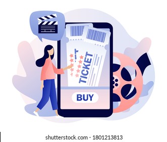 Movie Tickets Online Sale. Tiny Girl Buy Tickets On The Smartphone App. Online Cinema. Mobile Movie Theater. Cinematography. Modern Flat Cartoon Style. Vector Illustration On White Background