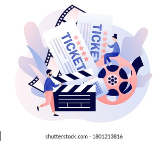 Movie tickets online sale. Tiny people buy tickets on the internet. Online cinema. Cinematography. Modern flat cartoon style. Vector illustration on white background