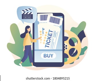 Movie tickets online sale. Tiny girl buy tickets on the smartphone app. Mobile movie theater. Online cinema. Cinematography. Modern flat cartoon style. Vector illustration on white background