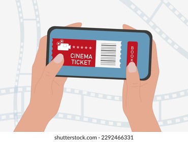 Movie tickets in phone. Coupon for cinema visits, recreation and entertainment. Electronic commerce and online document. Order in mobile application. Cartoon flat vector illustration