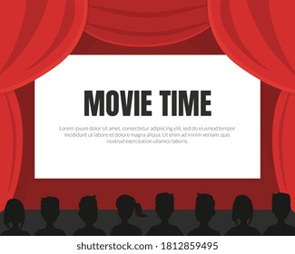 Fondo del tiempo de la película con espacio para el texto, cortinas rojas del cine y siluetas de la ilustración de los espectadores