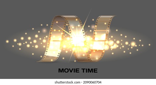 Movie time banner with cinema movie and photography 35 mm shining film strip template in vintage style. Cinema strip isolated icon with recorded film on tape, cinematography retro photo roll
