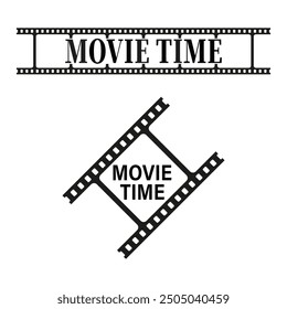 Movie time banner. Filmstrip graphic symbol. Bold text typography. Vector cinema concept.