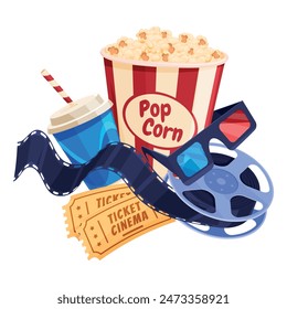 Movie time banner with popcorn cinema ticket filmstrip 3d glasses and soda isometric vector illustration. Motion picture cinematography television composition art entertainment media event festival