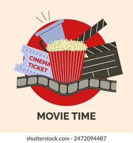 Hora de la película. Afiche de Anuncio para cine. Tablero, carrete de película, entrada de cine, palomitas, megáfono. Ilustración vectorial