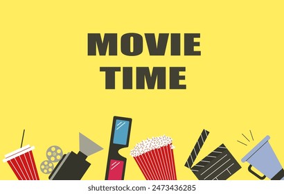 Movie time banner, poster. Popcorn, 3D glasses, clapperboard, soda. Vector illustration