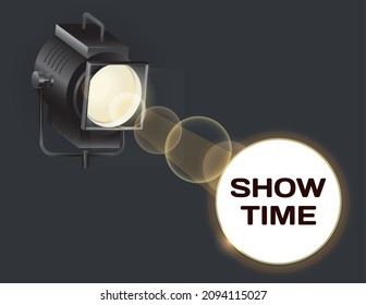 Movie time banner with spotlight for filming actors and film strip on white background. Cinema screening for relaxation and entertainment. Concept of video equipment and light for cinematography