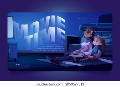 Movie time banner with woman and child watching tv. Vector landing page of family watch cinema with cartoon illustration of mother with girl sitting on blanket in dark living room with television