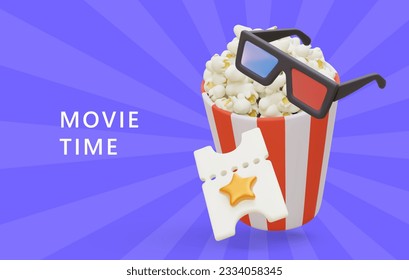 Movie time. Bright commercial poster with text. 3D cup of popcorn, anaglyph glasses, tear off ticket. Symbols for convenient movie viewing. Concept on background of violet rays