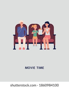 Movie time card or poster template with family watching film in cinema theater, flat vector illustration. Movie theater entertainment for whole family.