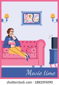 Movie Time Card Or Poster With Woman Watching Tv At Home, Cartoon Vector Illustration. Home Cinema And Watching Movies In Spare Time Concept Of Poster.