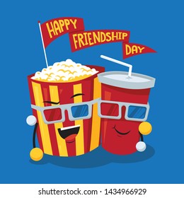 Movie time with cartoon popcorn and soda in red cup, friendship day illustration concept