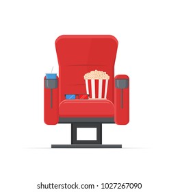 Movie time. Cinema concept isolated on white background. Red sofa, popcorn, cola and 3d glasses. Vector illustration.