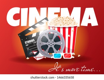 Movie time. Cinema poster concept on red background. Composition with popcorn, clapperboard, 3d glasses and filmstrip. Cinema banner design for movie theater. Vector illustration eps 10.