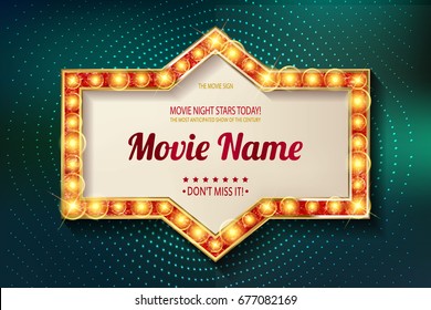 Movie time cinema premiere poster design. Shining retro light frame, vector illustration.