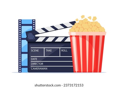 Movie time. Composition with popcorn, clapperboard, 3d glasses and filmstrip. Cinema poster, banner design for movie theater. Vector illustration