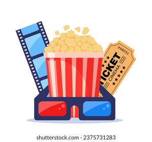 Movie time. Composition with popcorn, clapperboard, 3d glasses and filmstrip. Cinema poster, banner design for movie theater. Vector illustration