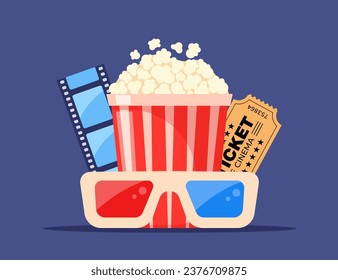 Movie time. Composition with popcorn, clapperboard, 3d glasses and filmstrip. Cinema poster, banner design for movie theater. Vector illustration