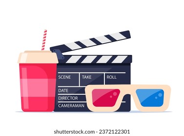 Movie time. Composition with soda, clapperboard, 3d glasses. Cinema poster, banner design for movie theater. Vector illustration