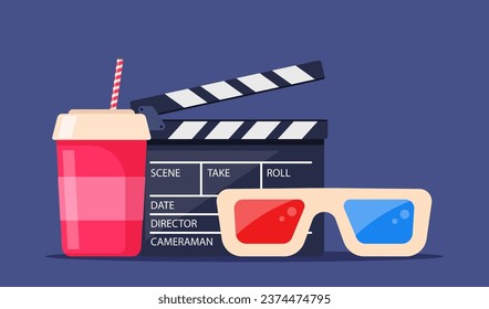 Movie time. Composition with soda, clapperboard, 3d glasses. Cinema poster, banner design for movie theater. Vector illustration