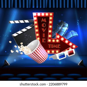 Movie time concept background. Cinema hall with popcorn, 3d realistic glasses and film roll.