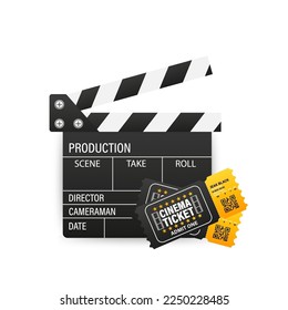 Concepto de tiempo de película. Cartel abierto negro. Icono de vídeo. Industria cinematográfica. Cinematografía y equipo de filmación. Elemento de diseño de la capa de película. Con entradas para películas. Ilustración del vector