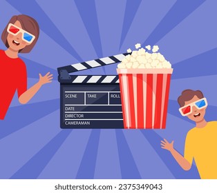 Concepto de tiempo de película. Composición con palomitas de maíz, clapperboard. Niños pequeños y elementos de cine. Afiche de cine, pancarta. Animación infantil. Ilustración del vector