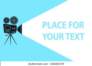 Movie time concept with film projector and text area. Movie camera on the tripod. Projector with film reels can used for banner, poster, web page, background