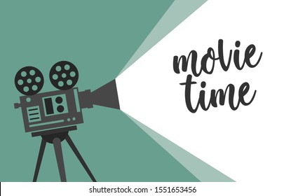 Movie time concept with retro camera isolated on green beams. Vector illustration