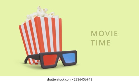 Movie time. Concept of watching movies in comfortable conditions. Favorite snacks for cinema. Commercial banner with realistic illustration, place for announcement, invitation, promotion