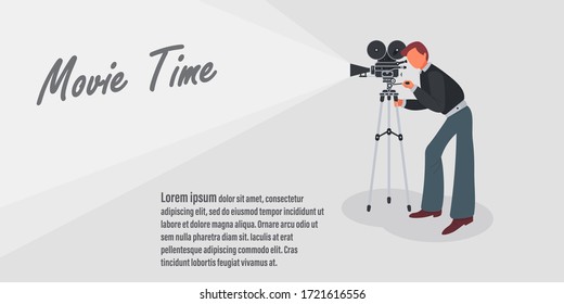Movie time concept.Creative template for cinema poster, banner in retro cartoon style.Vector illustration of film projector with film reels and lettering