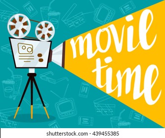 Movie time concept.Creative template for cinema poster, banner  in retro cartoon style.Vector illustration of film projector  with film reels and lettering