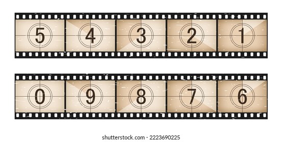 Movie time countdown grunge film strip. Retro cinematography countdown, video clip time count down grunge vector background. Animation start timer numbers, film strip or tape frame