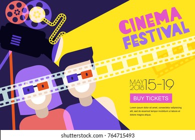 Movie time, date at the cinema concept. Vector cinema festival poster, flyer background. Abstract sale tickets banner background. Happy couple in 3d glasses, trendy flat illustration.