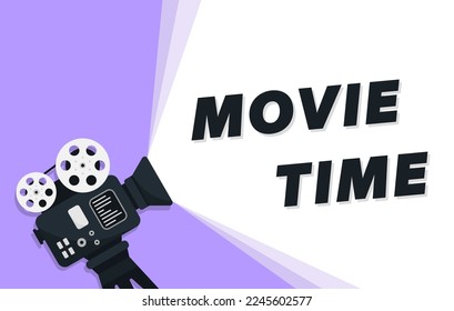 Movie time flat concept background. Cinema poster design. Movie time concept layout with film projector and text area. Cinema poster, leaflet or banner template with retro projector with film reels