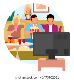 Movie time flat concept icon. Friends watching TV and eating snacks, popcorn. Weekend activity sticker. Best friends spending time together, pastime. Isolated cartoon illustration on white background