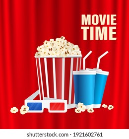 Movie time, great design for any purposes. Realistic cinema movie poster template. 3d banner background.