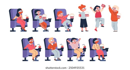 Movie time for kids. Illustrative vector drawing: children in 3d glasses with popcorn and drinks in their hands, sitting in a cinema, enjoying and watching a movie