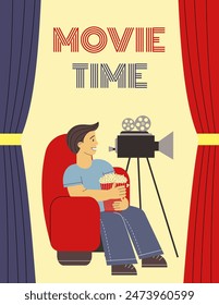 Movie time. Man, movie camera and popcorn. Flat vector illustration