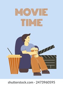 Movie time. A man sits in a cinema seat with popcorn, soda and a clapperboard. Flat vector illustration