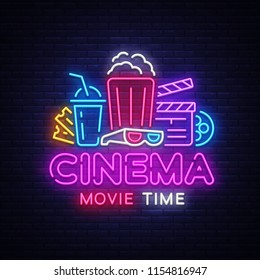 Movie Time Neon Logo Vector. Cinema Night neon sign, design template, modern trend design, night neon signboard, night light advertising, light banner, light art. Vector illustration