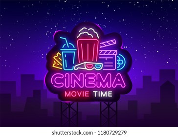 Movie Time Neon Logo Vector. Cinema Night neon sign, design template, modern trend design, night neon signboard, night light advertising, light banner, light art. Vector illustration. Billboard