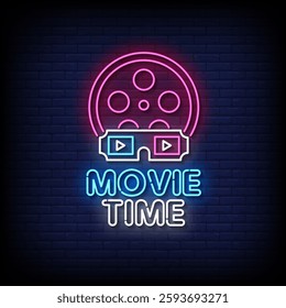 movie time neon sign with brick wall background vector