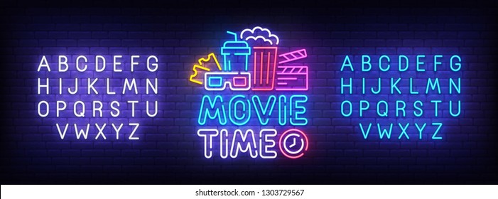 Movie Time neon sign, bright signboard, light banner. Cinema logo, emblem and label. Neon sign creator. Neon text edit