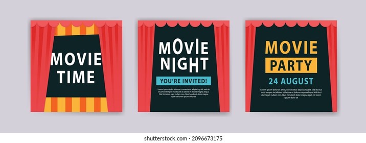 Movie time. Movie night. Movie Party. Cinema poster template. Templates for banners, social media post ads, cards and posters.
